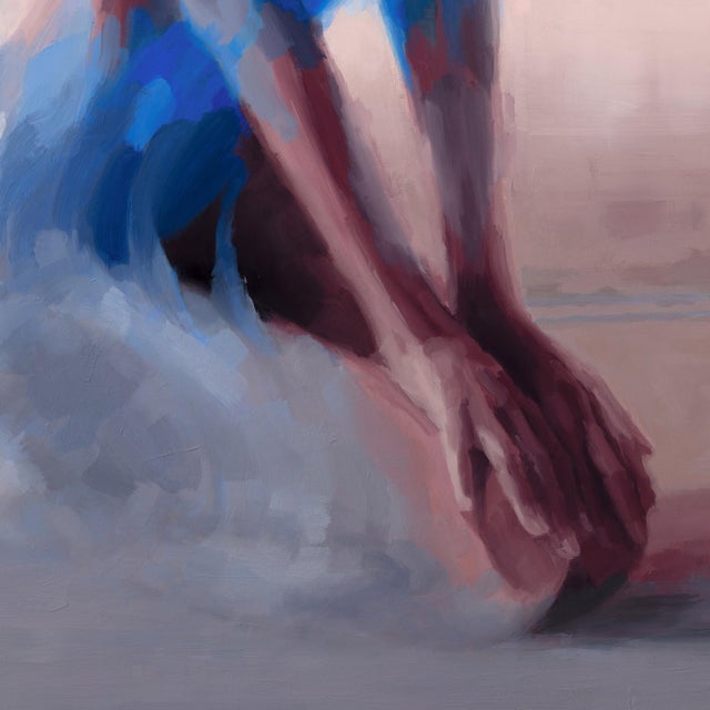 Searching by Josh Sorrell | Oil on panel figure of a woman in blue tones sitting gracefully For Sale - Image 4 of 5