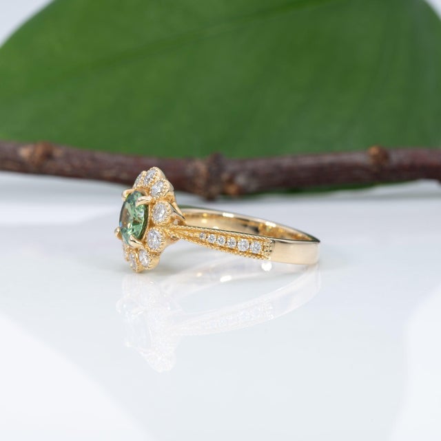 1Ct Demantoid Garnet Ring With Earth Mined Diamonds Halo: Solid 14k Gold, 6mm, Size 6.75 For Sale In Columbus - Image 6 of 9