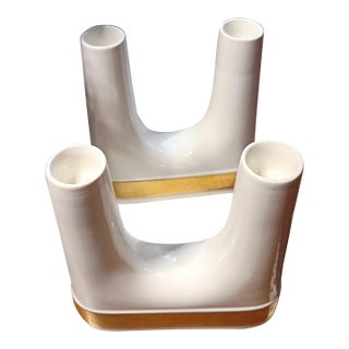 Mid-Century Modern True Pair of Earnest Sohn Creations 22k Gold Banded Geometric U-Shaped Double Taper Candlestick Holders Circa 1950-1960 For Sale