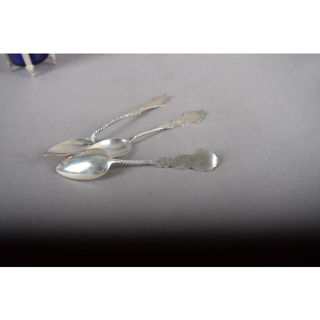 1990s Antique Louis XVI Style Silver and Cobalt Blue Glass Condiment and Cruet Set with Spoons, 1990s, Set of 7 For Sale - Image 5 of 16