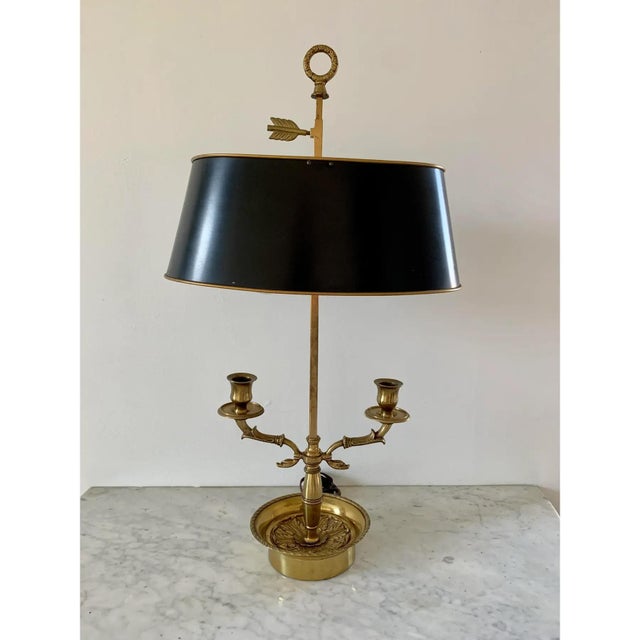Mid 20th Century French Provincial Brass Double Dolphin Bouillotte Lamp With Black Tole Shade For Sale - Image 11 of 12