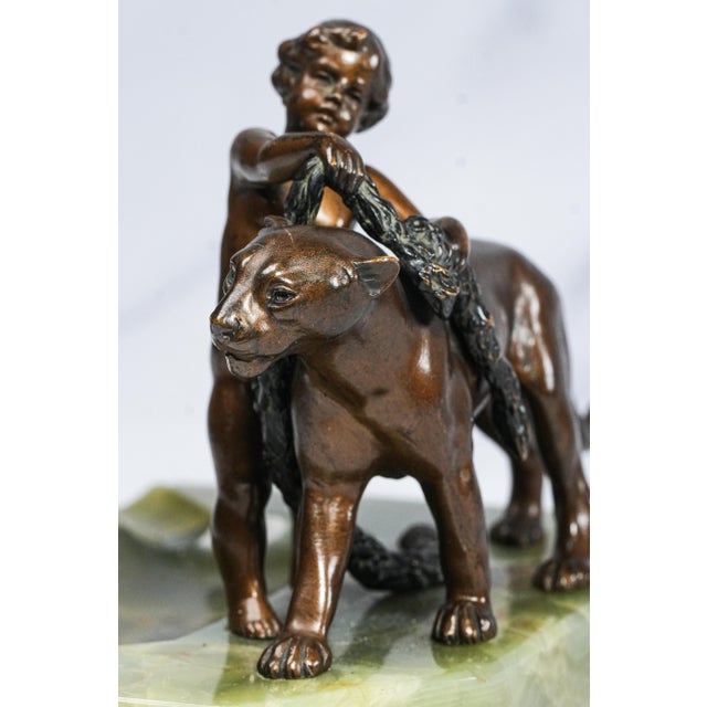 Stunning Solid Bronze Antique Sculpture Statue Cherub and Panther Onyx Base Catchall For Sale In New York - Image 6 of 13