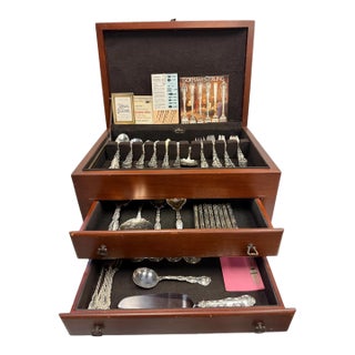 1960s Gorham "Strasbourg" Sterling Silver Flatware Service for 8 With Fitted Mahogany Chest - 95 Pieces For Sale