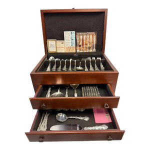 1960s Gorham "Strasbourg" Sterling Silver Flatware Service for 8 With Fitted Mahogany Chest - 95 Pieces