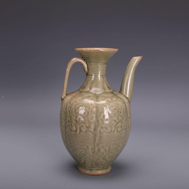 Ceramic Vintage Chinese Celadon Glaze Yaozhou Style Ewer, Carved Floral Wine Pitcher For Sale - Image 7 of 10