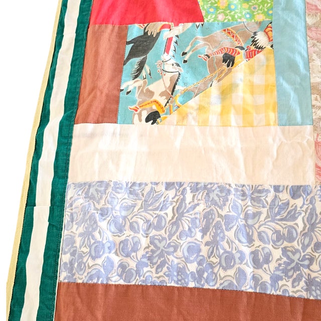 Retro 1960s Handmade Quilt With Vintage Fabric Panels and Velvet Ribbon Trim For Sale - Image 4 of 9