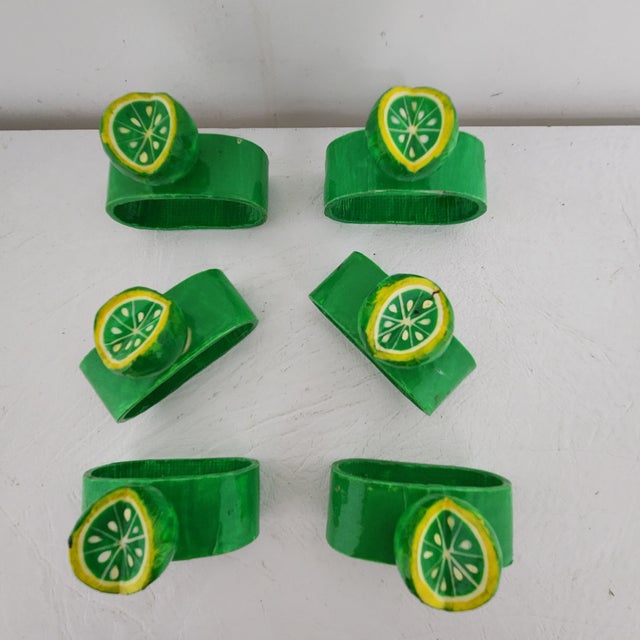 Lime Vintage Lacquered Hand-Painted Papier Mâche Lime Napkin Rings, Set of 6 For Sale - Image 8 of 14