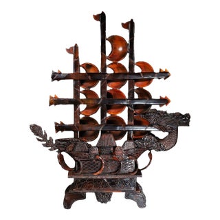 Monumental Vintage Chinese Hand-Carved Horn Dragon Boat - 29" Tall "Smooth Sailing" Sculpture For Sale