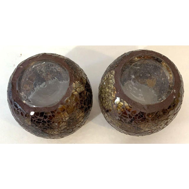 Features Set is handmade by unknown artist. * Handmade mosaic glass construction, Boho Candle Votives * Amber and brown...