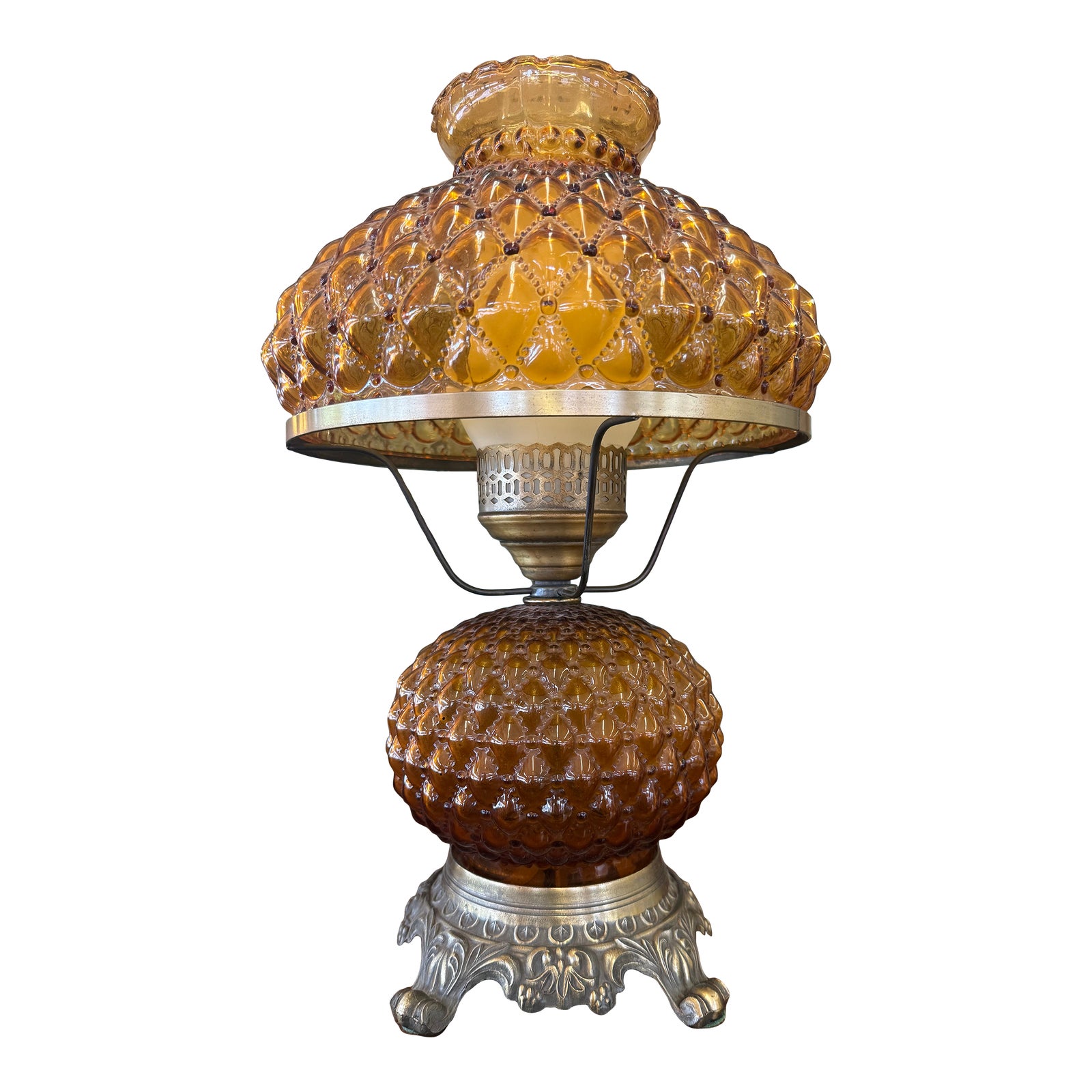 Vintage Mid Century Modern Amber Glass Lamp With Diamond Point