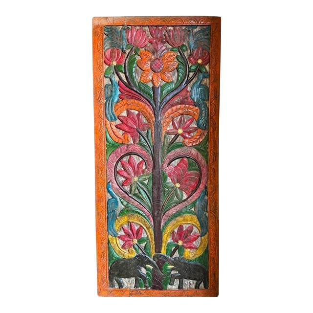 Vintage Hand-Carved Indian Wood Panel Barn Door | Tree of Life, Elephant, Peacock & Lotus84x36 For Sale