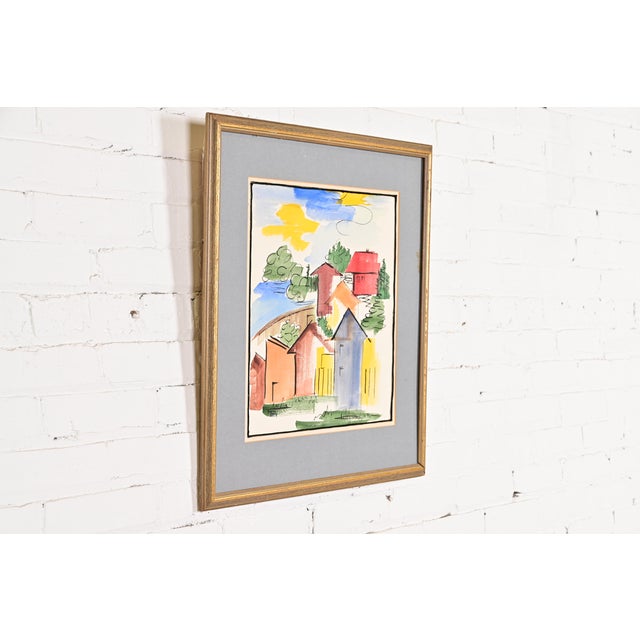Original Artist Signed Abstract Housescape Framed Watercolor Painting For Sale - Image 4 of 10