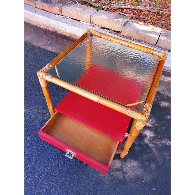 Mid-Century Modern John Wisner for Ficks Reed Attributed Rattan Side Table With Chinese Red Drawer and Nickel Hardware For Sale - Image 3 of 7