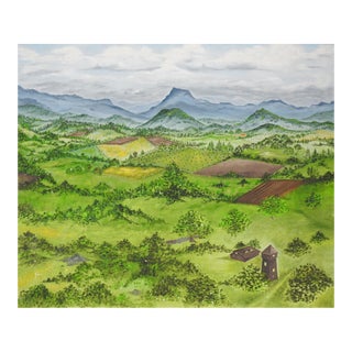 Late 20th Century Birdseye View Mountain Valley Landscape Painting For Sale