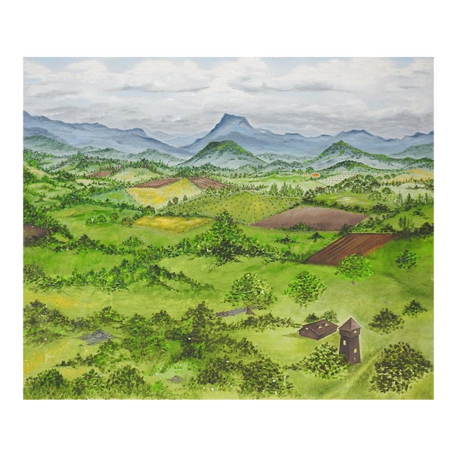 Late 20th Century Birdseye View Mountain Valley Landscape Painting For Sale