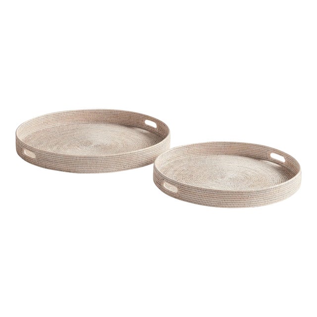 Burma Rattan Round Ottoman Trays Large, Set Of 2 For Sale