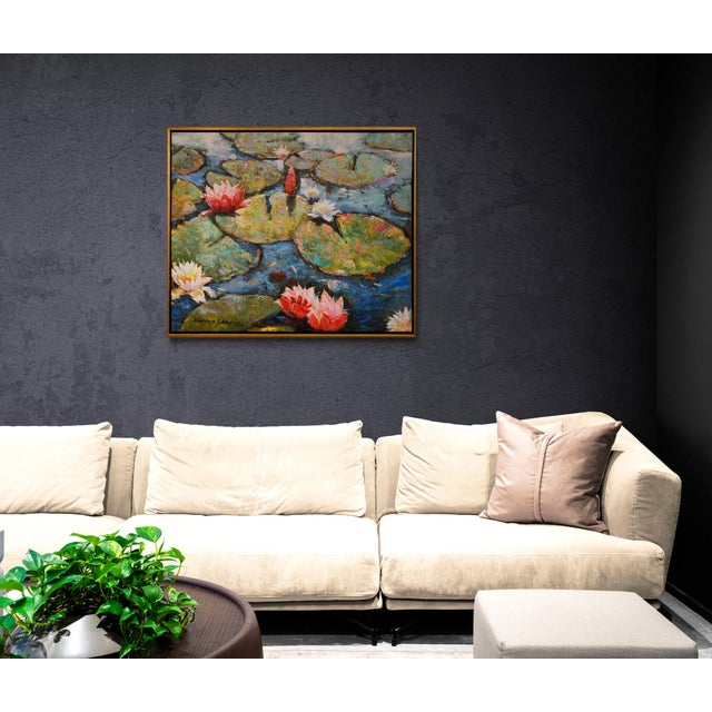 Framed Textured Contemporary Iris Lilies Red White Blue Painting on Canvas For Sale In Atlanta - Image 6 of 9