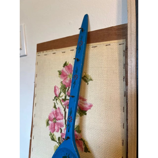 Blue 1970s Vintage Hand Painted Wooden Spoon With Hanger and Hooks For Sale - Image 8 of 8