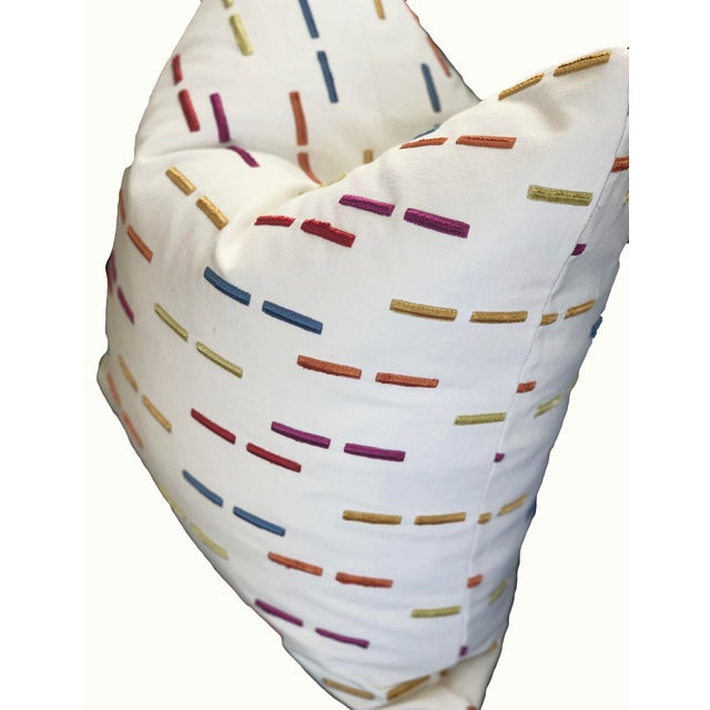 Brightly Colored Embroidered Pillows on White Canvas - a Pair For Sale - Image 4 of 6