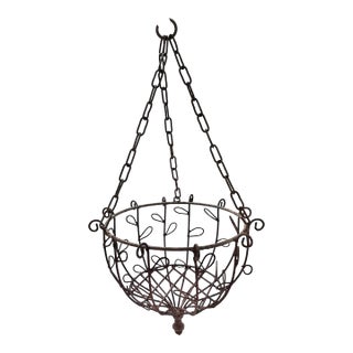 Vintage Wrought Iron Hanging Planter Basket With Scrollwork & Original Chain For Sale