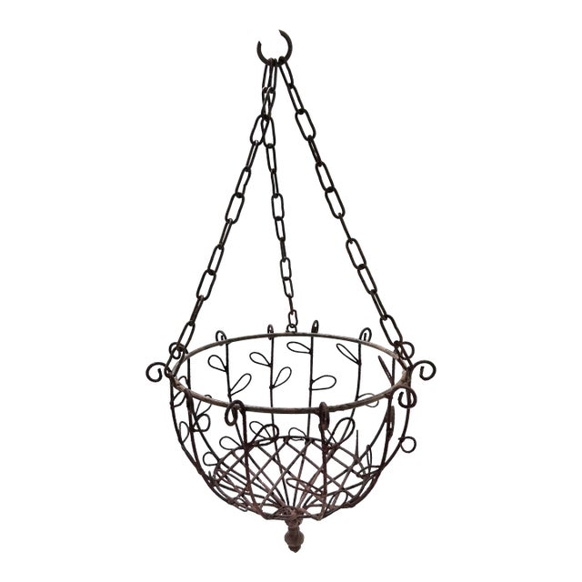 Vintage Wrought Iron Hanging Planter Basket With Scrollwork & Original Chain For Sale