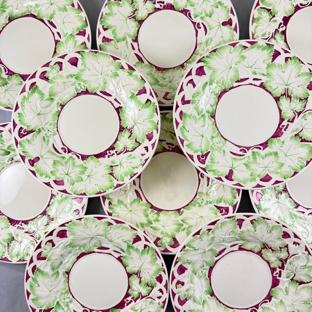 White Wedgwood Hand Painted Burgundy & Green Leaf Plates, Set of 10 For Sale - Image 8 of 13