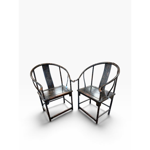Chinoiserie Pair of Antique Chinese Ming Style Horseshoe Chinoiserie Arm Chairs For Sale - Image 3 of 7