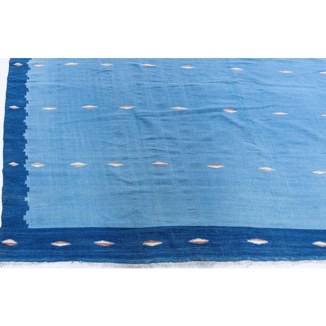 1950s Doris Leslie Blau Dhurrie Vintage Blue With Navy Blue Flatweave Cotton Rug For Sale - Image 5 of 8