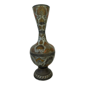 Vintage Etched Enameled Brass Vase With Floral Motifs by Penco Industries, India, C. 1970s