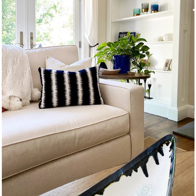 Navy & Cream Striped Velvet Throw Pillow Cover For Sale - Image 4 of 8