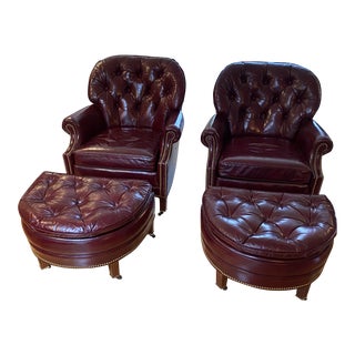 Vintage Hancock & Moore Tufted Burgundy Leather Club Chairs & Ottomans Nailhead Trim - a Pair For Sale