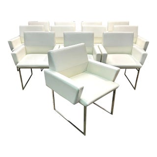 Brueton White Naugahyde and Chrome Frame Dining Arm Chairs - Twelve Available For Sale