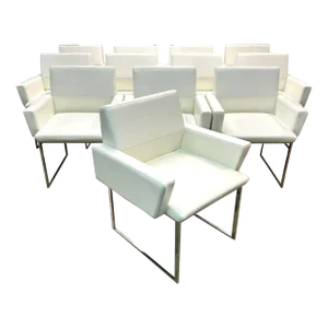 Pair of Brueton White Naugahyde and Chrome Frame Dining Arm Chairs - Twelve Available