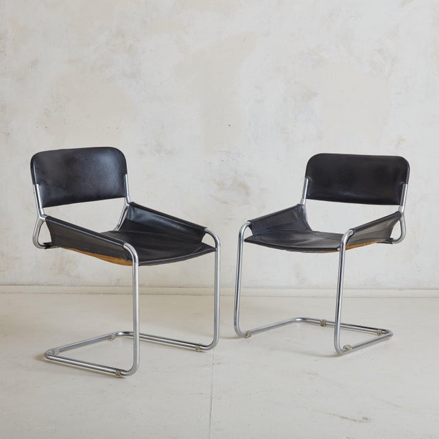 Set of 4 Chrome + Black Leather Cantilever Chairs, Italy 1970s For Sale - Image 4 of 11