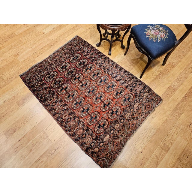 Vintage Turkmen Tekke in Allover Pattern in Brick-Red, Navy, Ivory, Blue For Sale - Image 4 of 16