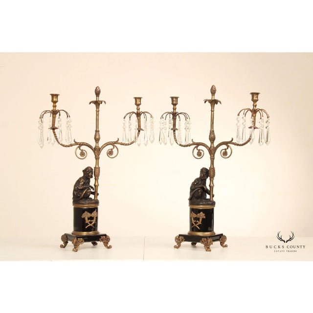 Castilian Imports Regency Style Pair of Figural Bronze Monkey Candelabra For Sale - Image 4 of 12