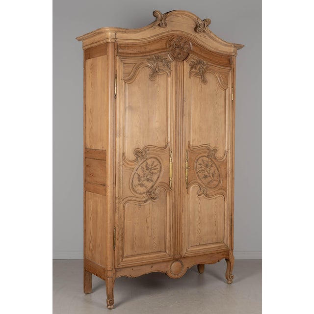 French Provincial 19th Century Louis XV French Armoire, Hand-Carved Pine, Circa 1880 For Sale - Image 3 of 15