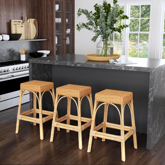 This Natural rattan backless stool measures 30" high, so it sits at just the right height for your bar seating. It has an...