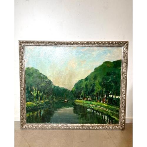 Beautiful large oil painting on canvas depicting a serene view of the river Leie near Deurle, attributed to Belgian artist...