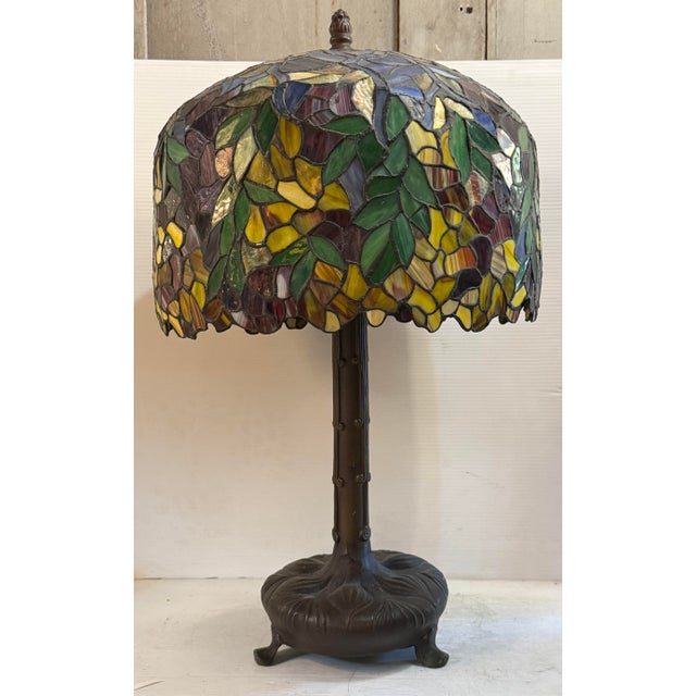 Mid 20th Century Vintage Tiffany Style Lamp With Foliage Design For Sale - Image 5 of 15