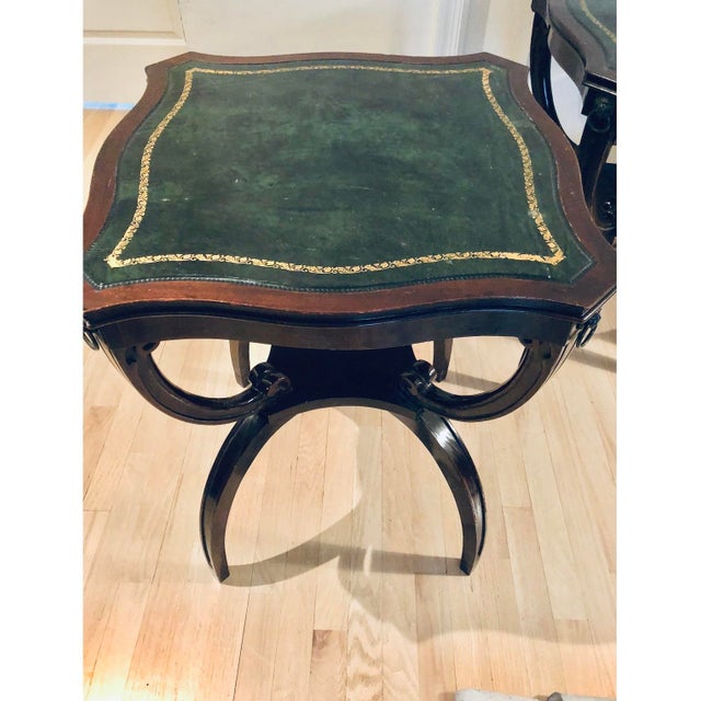 Vintage 1900’s-1940’S Mahogany Green Top Brass Gold Embossed End Tables - a Pair For Sale - Image 11 of 13