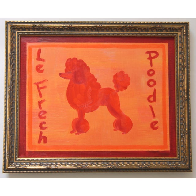 French Poodle Dog in tropical colors using shades of apricot and orange and crimson with a double border. Minimalism,...