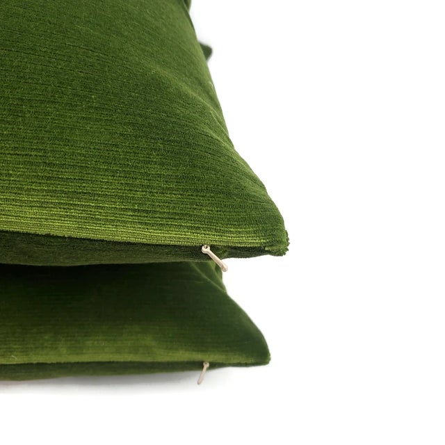 Moss Green Texture Velvet Pillow Cover - Dark Olive Green Stripe Velvet Square Cushion Case For Sale In Portland, OR - Image 6 of 6