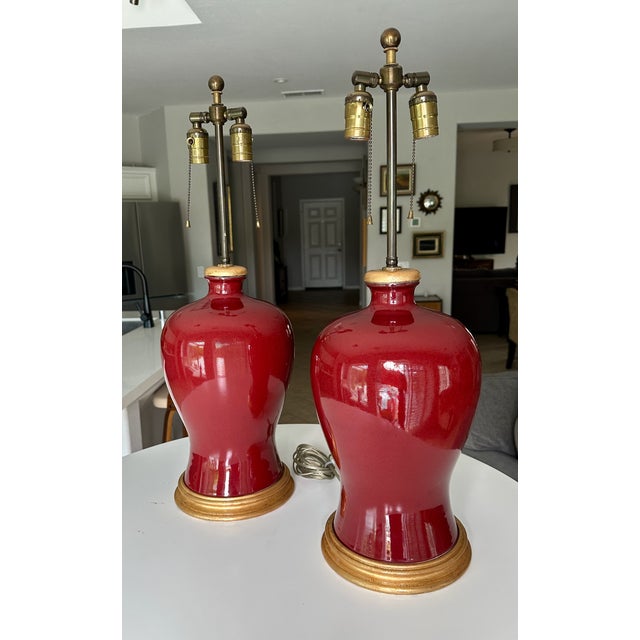 Red 1960s Pair Asian Sang De Boeuf Oxblood Meiping Porcelain Table Lamps For Sale - Image 8 of 18