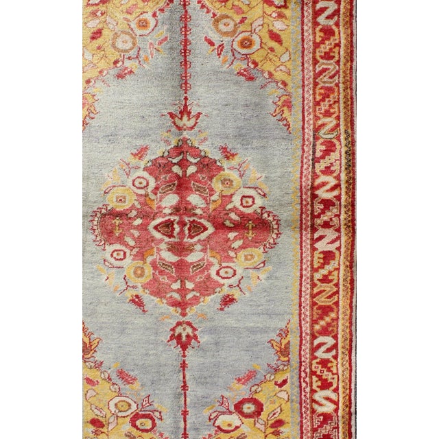 Measures: 3'6 x 6. Vintage Turkish Oushak Rug in Sky Blue, Crimson Red, and Golden Yellow. Keivan Woven Arts / rug /...