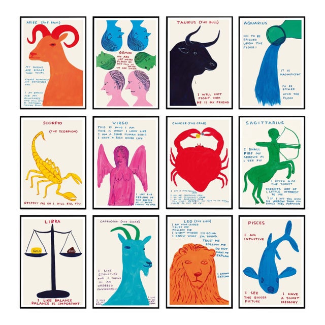 Set of 12 David Shrigley Signs of the Zodiac Lithograph Poster (Individual), 2021 For Sale