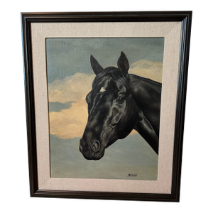 Vintage Equestrian Horse Portrait Oil Painting by James Slick - Framed