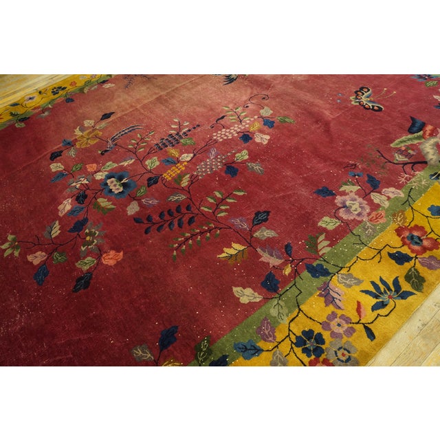 Rose 1920s Pink Rose Floral Antique Chinese Art Deco Carpet 9' X 12' Knotted Wool Rug For Sale - Image 8 of 11