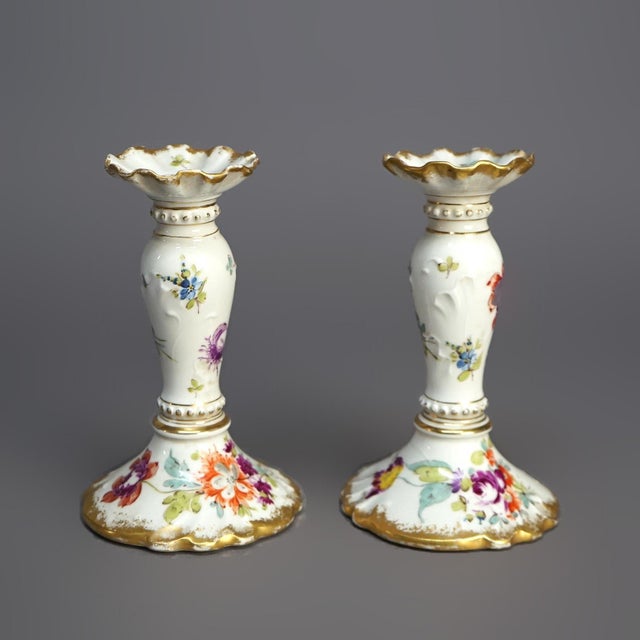 Antique German Hand Painted & Gilt Floral Porcelain Candlesticks, Berlin 1900 For Sale - Image 4 of 9