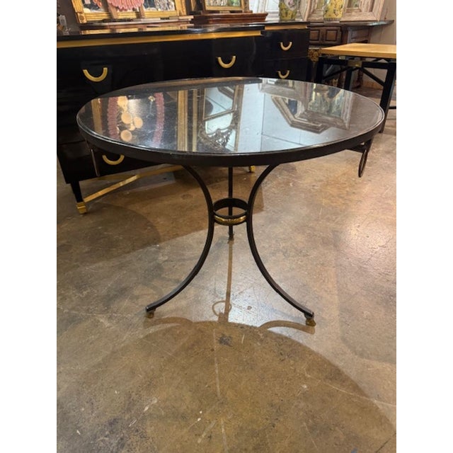 Transitional Antique French Maison Jansen Style Steel and Brass Table With Black Marble For Sale - Image 3 of 5